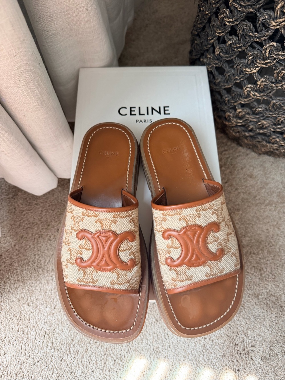 Celine Brown Leather & Canvas Triomphe Slide Sandals 38